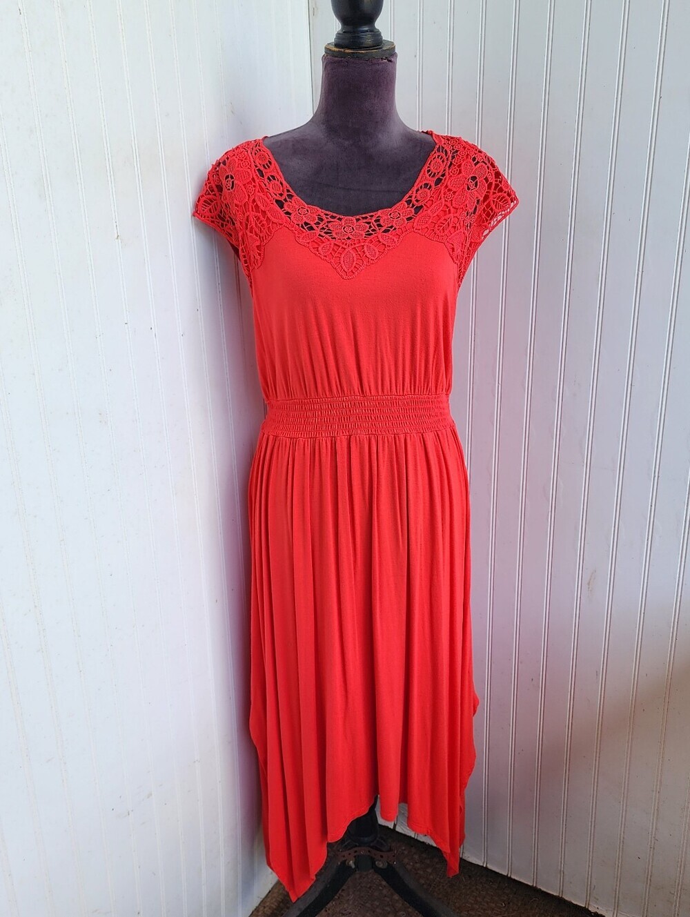 Spense Coral Orange Assymetric Short Sleeve Dress Stretch Viscose Midi Sz L